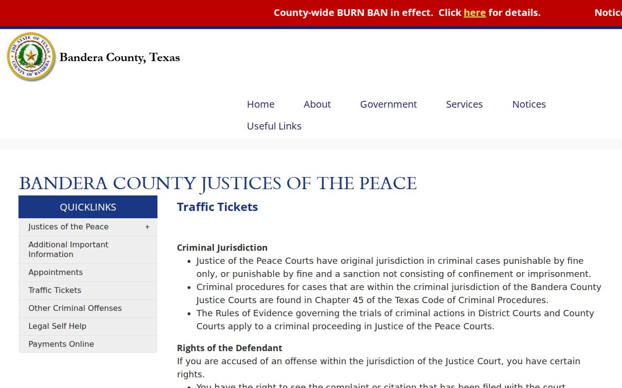 Bandera County justice court traffic payment, plea, and appearance instructions