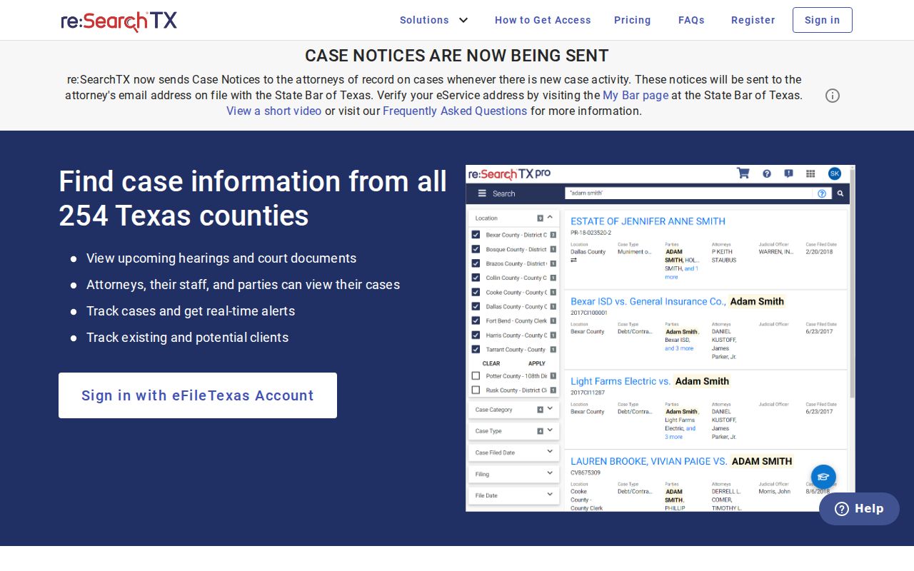 re:SearchTX statewide case, filing, document text, and hearing search entry