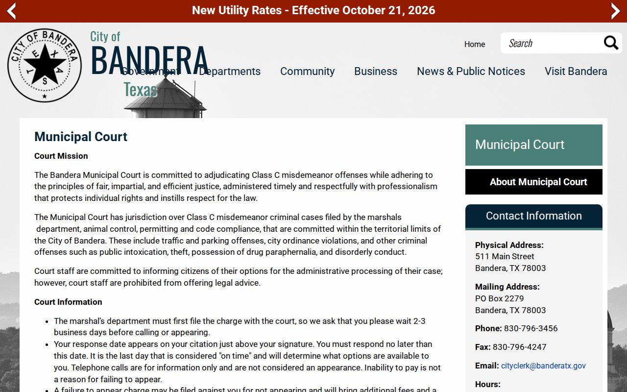 Official Bandera Municipal Court page with city jurisdiction and court contact information