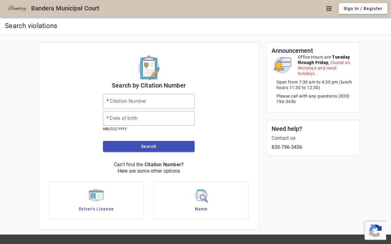 Bandera Municipal Court portal showing six case search modes