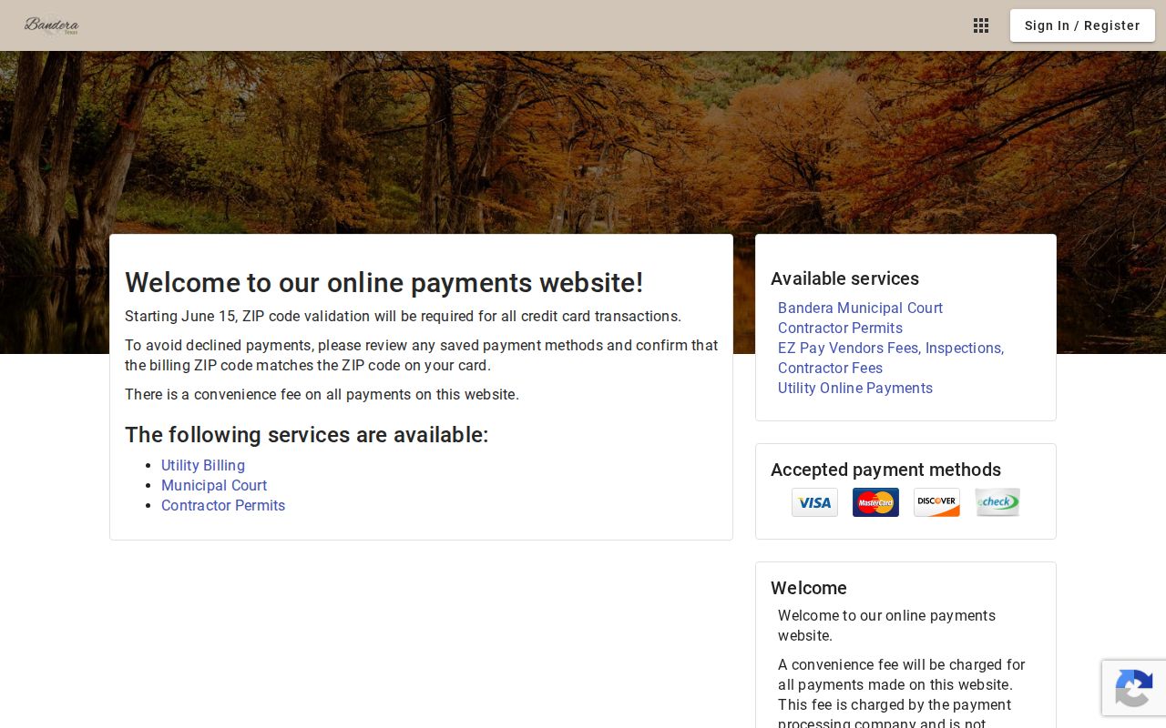 Bandera municipal online payment page with payment methods and convenience fee notice