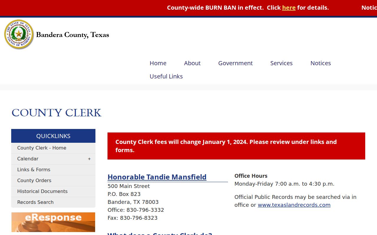 Bandera County Clerk office and County Court record custody information