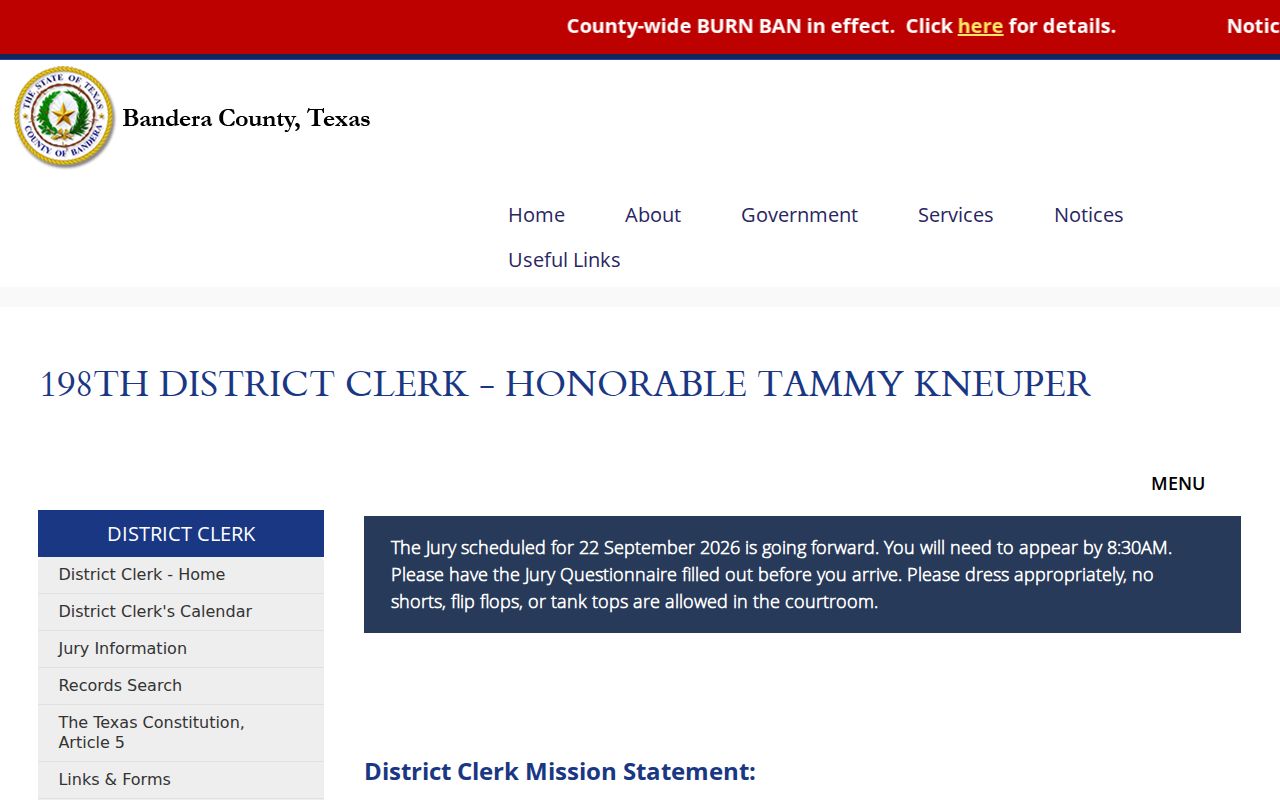 Bandera County District Clerk contact and district court records page