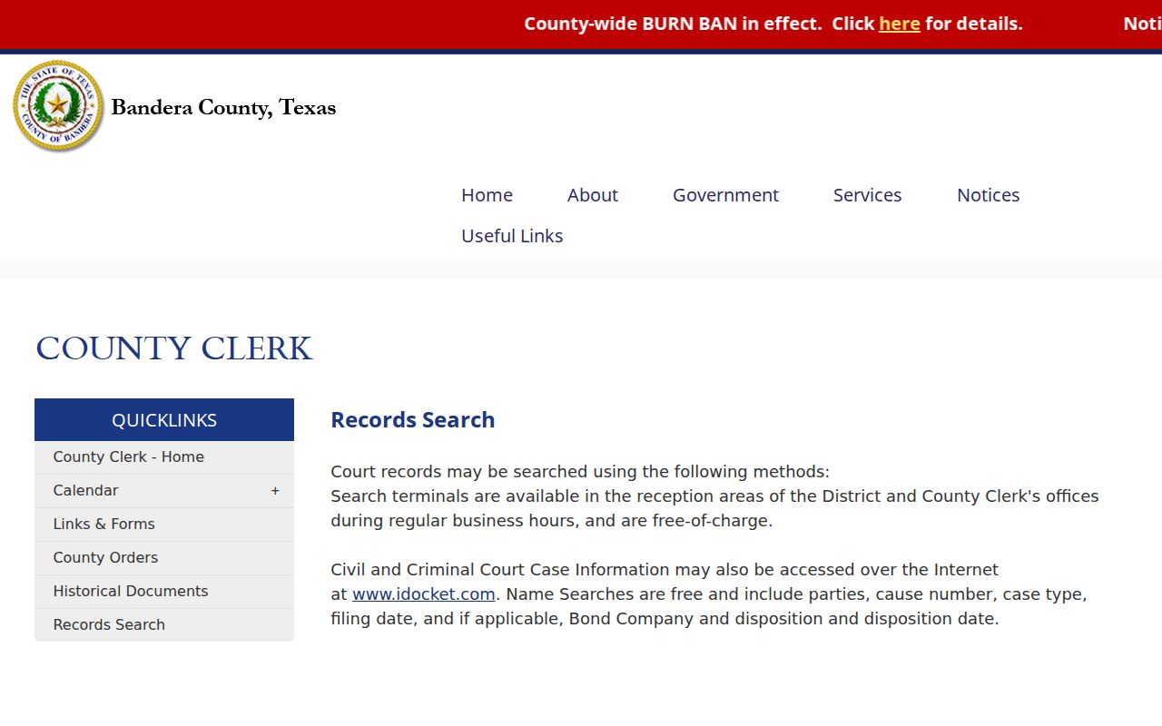 Bandera County free clerk reception terminal and iDocket instructions