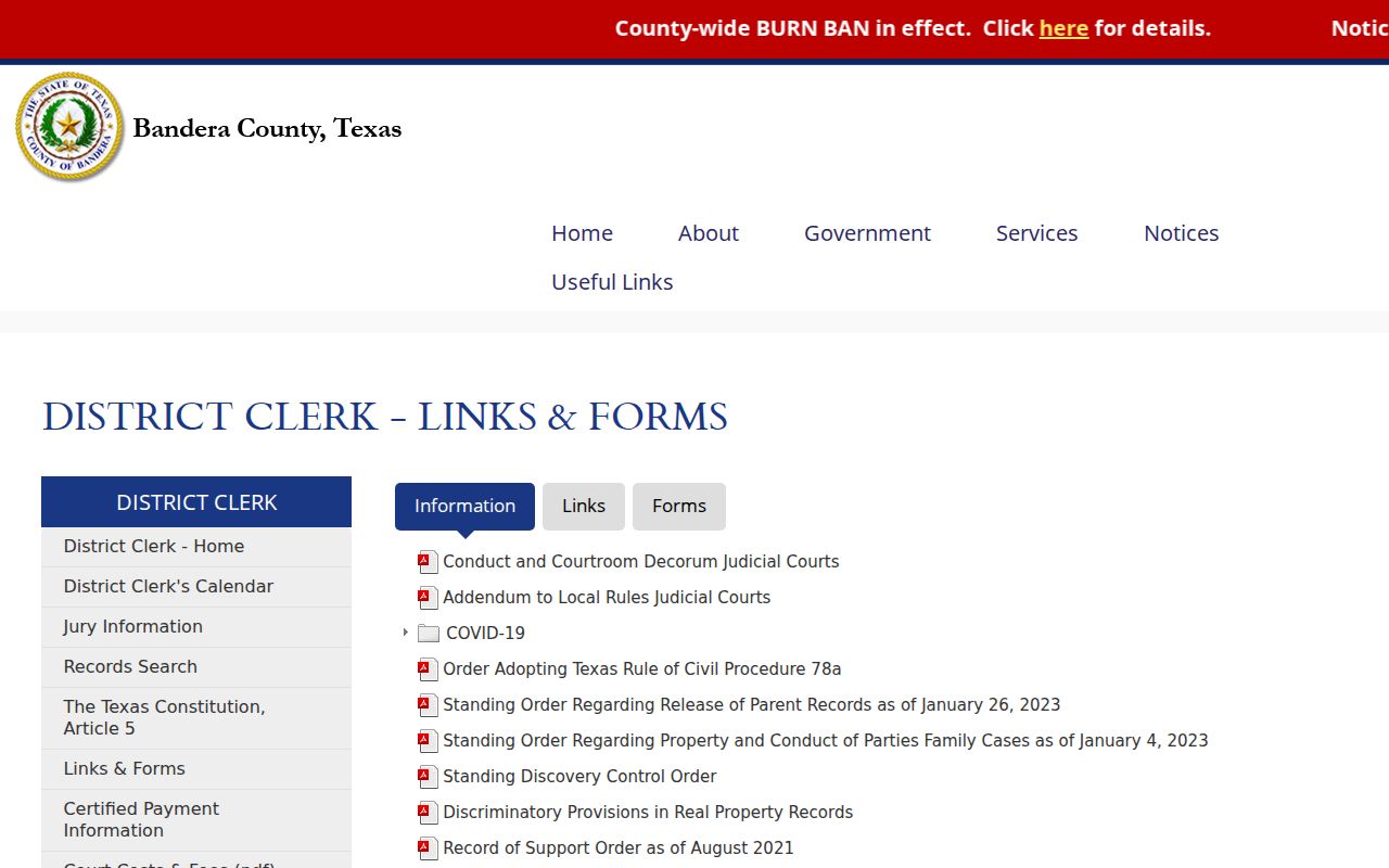 Bandera County District Clerk local rules and court forms links